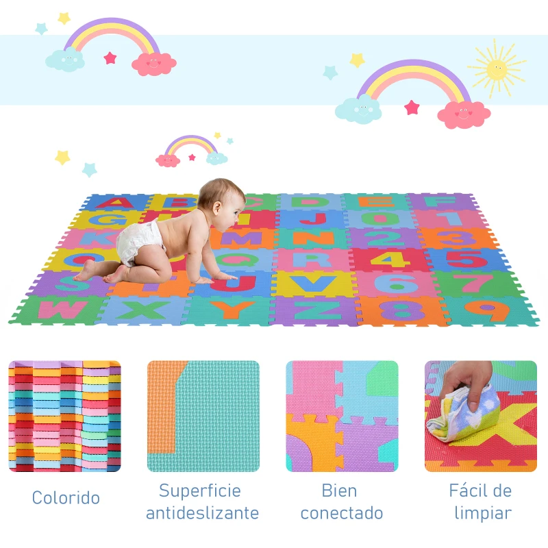 HOMCOM Alfombra puzzle Infantil 36 piezas de 31x31cm Números del 0 al 9 y 26 Letras Alfabeto Goma Espuma Alfombrilla de Juego para Bebés y Niños de 3,24㎡