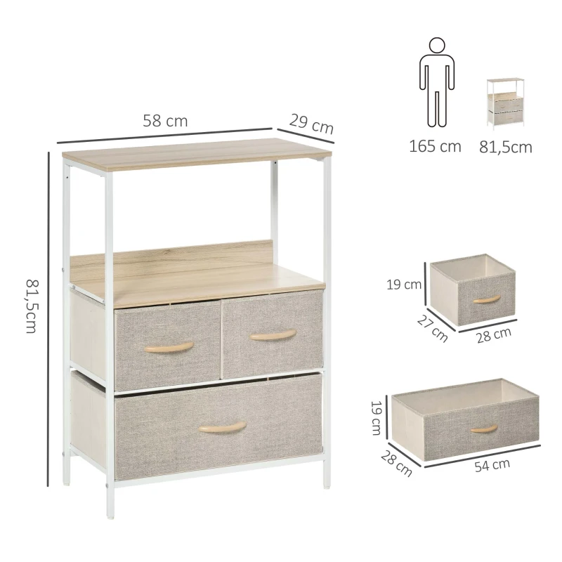 HOMCOM Commode meuble de rangement avec 3 tiroirs tissus, étagère et plateau supérieur, 58L x 29P x 81,5H cm