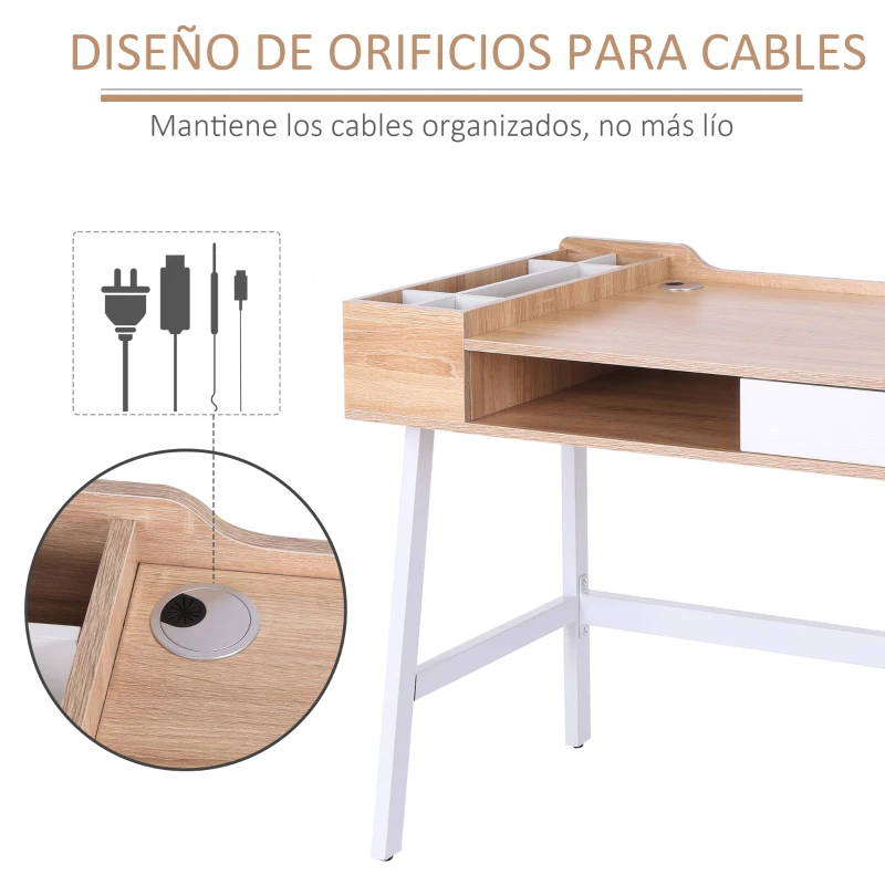 HOMCOM Mesa de Ordenador 80x53 cm Escritorio con 6 Compartimentos Estante Abierto y Cajón de Almacenaje para Oficina Despacho Estudio 100x55x81,5 cm Roble y Blanco