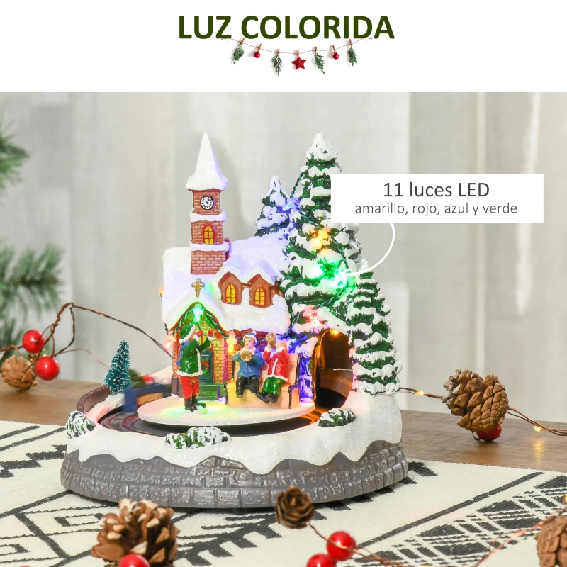 HOMCOM Pueblo Navideño Escena Navideña Iluminado con Luces LED Árbol de Navidad Música y Tren Móvil Decoración Navideña sobre Mesa 19,3x17,9x20,2 cm Multicolor