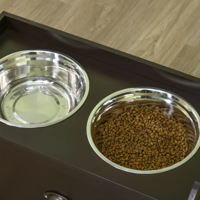 PawHut Comedouro Elevado para Cães com 2 Tigelas 2000ml de Aço Inoxidável Gaveta Oculta com Suporte de Madeira 60x30x36cm Marrom Escuro