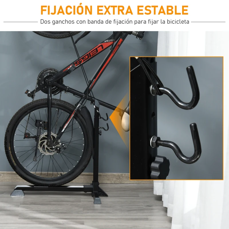 HOMCOM Soporte para Colocar Bicicleta en Vertical Caballete de Bicicleta Ajustable en Altura con Correa de Fijación Fácil de Transportar Soporta 30 kg 66x56x63-77,5 cm Negro