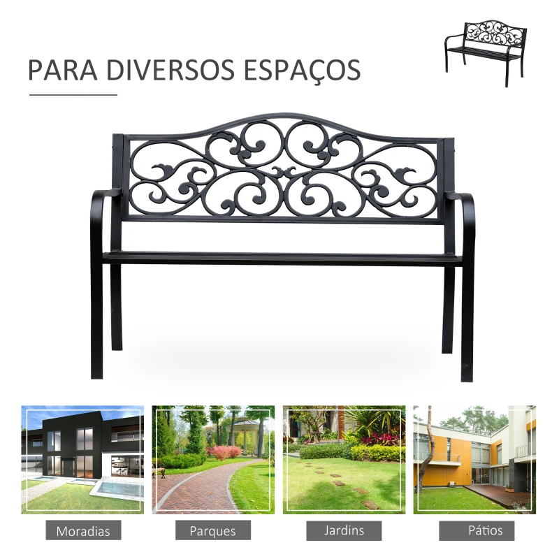 Outsunny Banco de Jardim de Aço Banco de Exterior com Encosto e Apoio para os Braços para Pátio Varanda 127x60x89 cm Preto