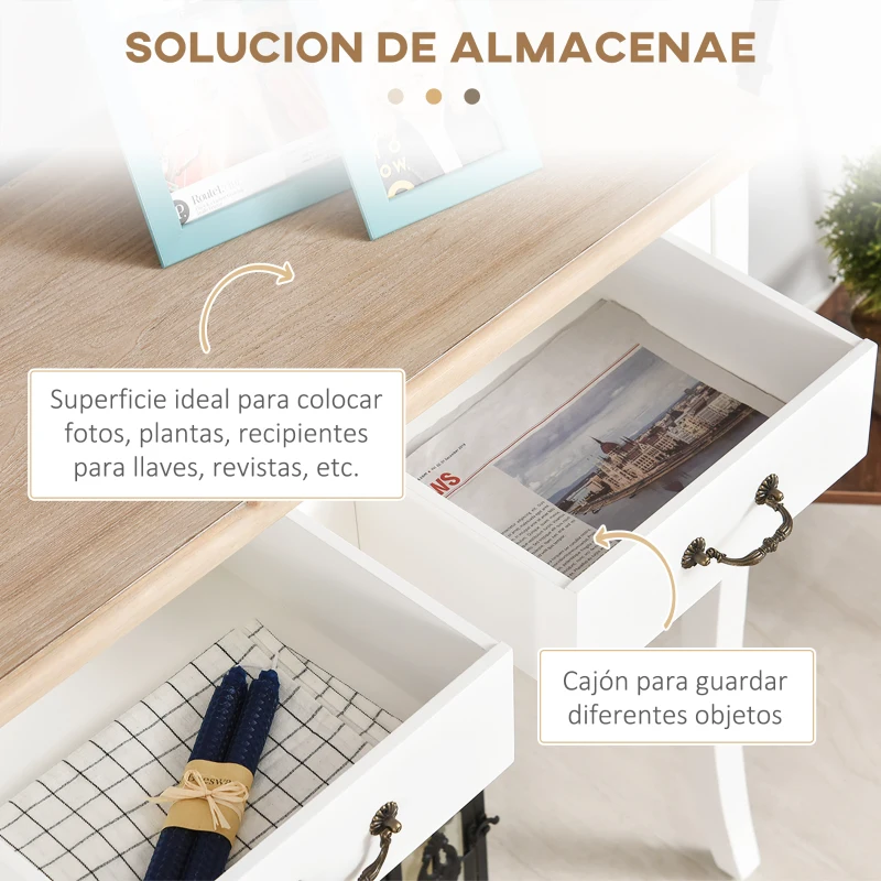 HOMCOM Mesa de Consola con 2 Cajones Diseño de Retro para Entrada Pasillo Sala de Estar Dormitorio Pino 87x34x78,5 cm Blanco(m-4)