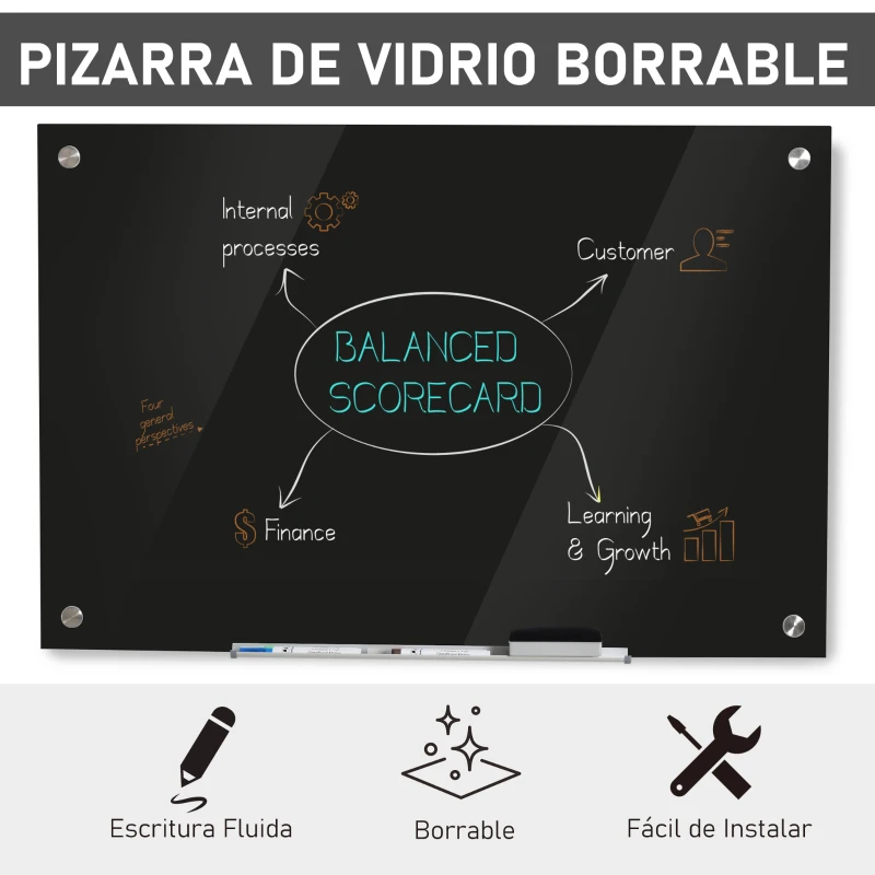Vinsetto Pizarra de Cristal con Bandeja Pizarra de Pared sin Marco Incluye 4 Rotuladores y Borrador 90x60x0,45 cm Negro