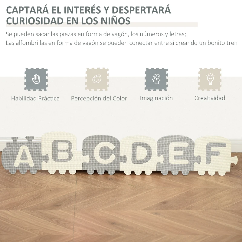 HOMCOM Alfombra Puzzle para Bebés 36 Piezas 31,5x31,5 cm con 26 Letras (A-Z) y Números 0 al 9 Juego Ronpecabezas Infantil de 3,24 m² Espuma EVA Suave Gris y Blanco
