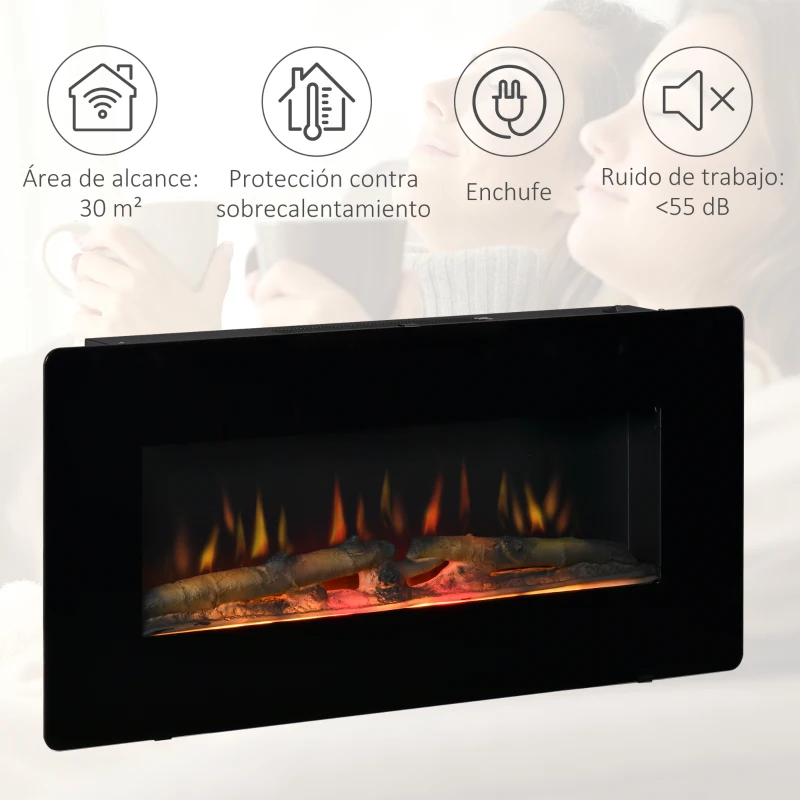 HOMCOM Chimenea Eléctrica de Pared 1800-2000W con Mando a Distancia Llama Simulada con Brillo Regulable Termostato y Temporizador para Salas de 30 m² 91,4x11x44 cm Negro