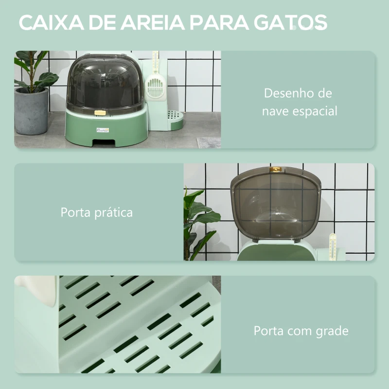 PawHut Caixa de Areia para Gatos com Cobertura Forma de Cápsula Espacial com 2 Bandejas Amovíveis e Pá 52x60x42 cm Verde