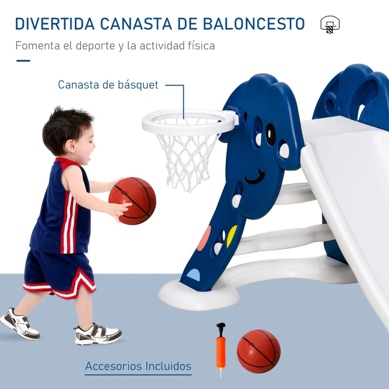 HOMCOM Tobogán Infantil con Canasta de Baloncesto para Niños de 18-48 Meses Juguete Interior y Exterior Carga 25 kg Accesorios Incluidos 68x146x68 cm Azul