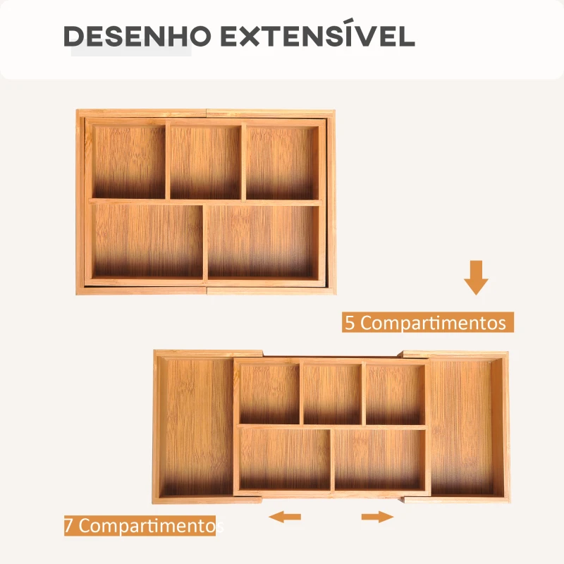 HOMCOM Organizador de Escritório de Bambu Caixa de Armazenamento Extensível com 5-7 Compartimentos  24,6-41x17,6x7 cm Madeira