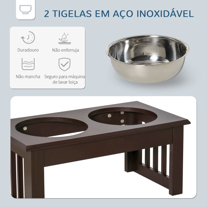 PawHut Comedouro Elevado para Cães com Suporte e 2 Tigelas Amovíveis de Aço Inoxidável 44x24x15 cm Marrom