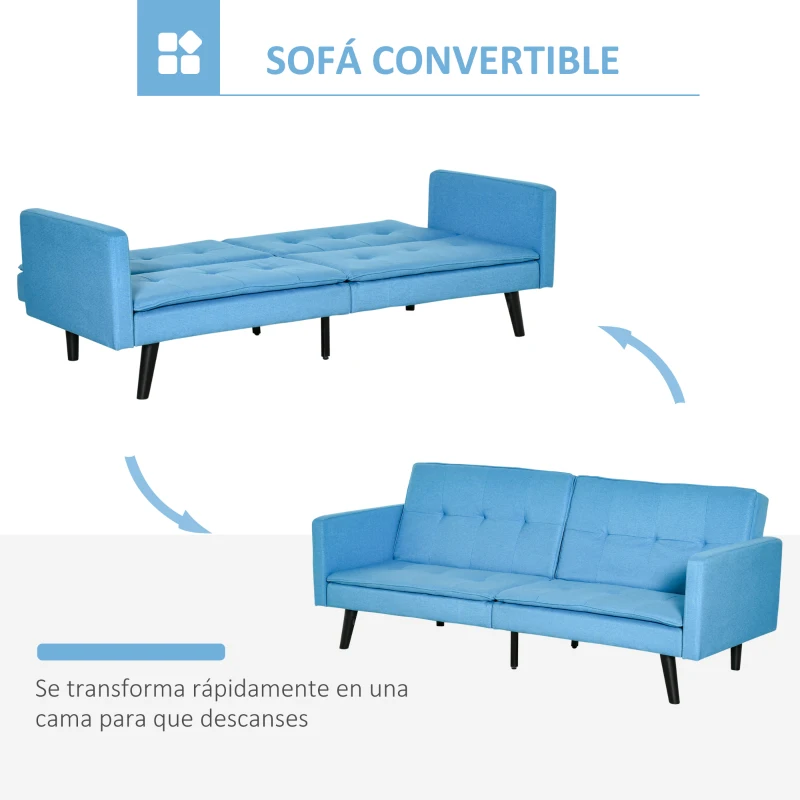 HOMCOM Sofá Cama de 3 Plazas Tapizado en Tela con Respaldo Ajustable en 3 Posiciones y Patas de Madera Sofá Moderno para Salón Oficina 198x81x81 cm Azul