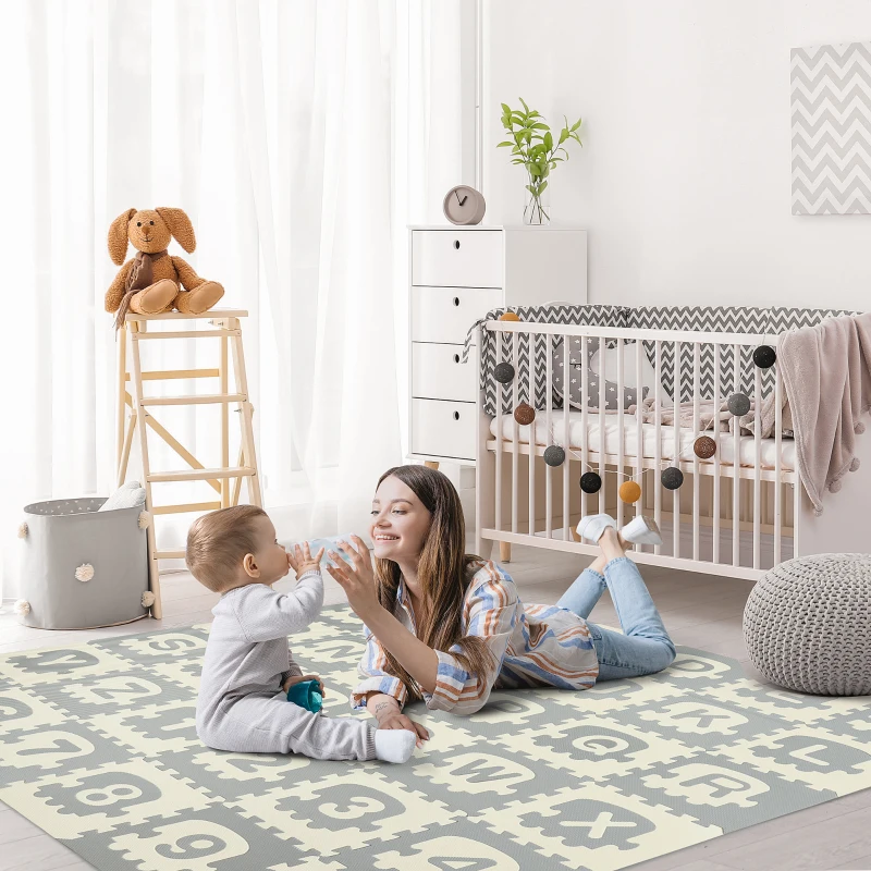 HOMCOM Alfombra Puzzle para Bebés 36 Piezas 31,5x31,5 cm con 26 Letras (A-Z) y Números 0 al 9 Juego Ronpecabezas Infantil de 3,24 m² Espuma EVA Suave Gris y Blanco