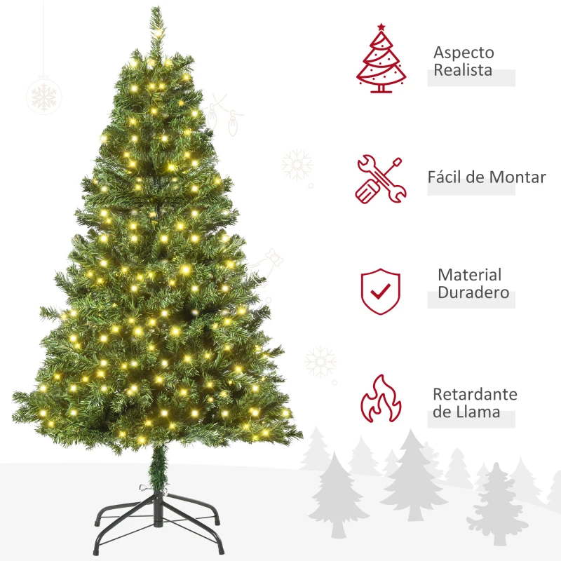 HOMCOM Árbol Artificial de Navidad de 490 Ramas 170 Luces LED Base de Metal Plegable Estructura con Bisagras para Interiores Φ75x150 cm Verde