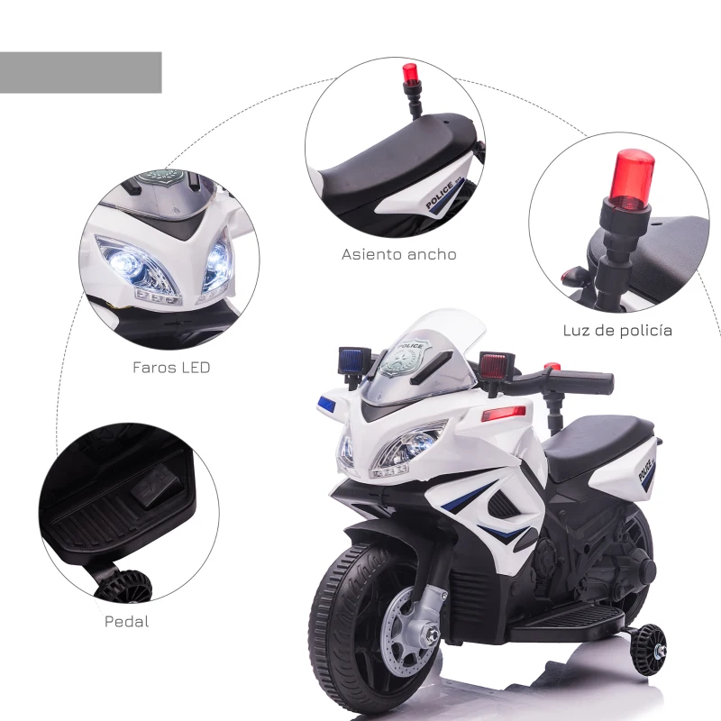 HOMCOM Moto Eléctrica Infantil de Policía Batería 6V Recargable para Niños de 18-36 Meses con Faros Bocina y Ruedas de Equilibrio Velocidad Máx. de 3 km/h 69x39x43 cm Multicolor
