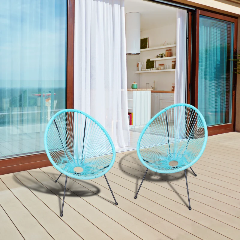 Outsunny Conjunto de 2 Sillas de Jardín de Ratán Pack 2 Sillas Acapulco Forma Ovalada Interior Exterior 73x77x87 cm Turquesa
