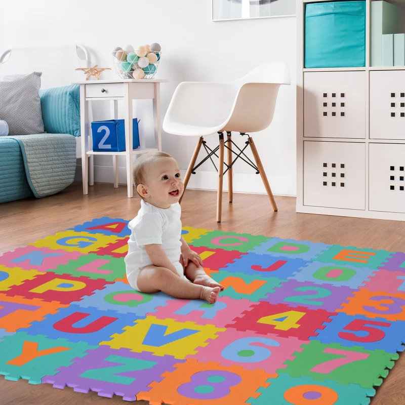 HOMCOM Alfombra puzzle Infantil 36 piezas de 31x31cm Números del 0 al 9 y 26 Letras Alfabeto Goma Espuma Alfombrilla de Juego para Bebés y Niños de 3,24㎡
