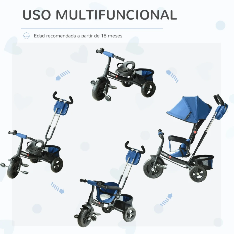 HOMCOM Triciclo para Bebés de +18 Meses con Mango de Empuje Telescópico y Desmontable Bolso y Portabotellas Azul
