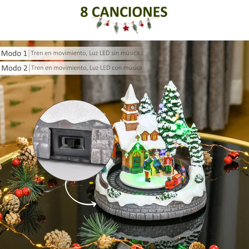 HOMCOM Pueblo Navideño Escena Navideña Iluminado con Luces LED Árbol de Navidad Música y Tren Móvil Decoración Navideña sobre Mesa 19,3x17,9x20,2 cm Multicolor