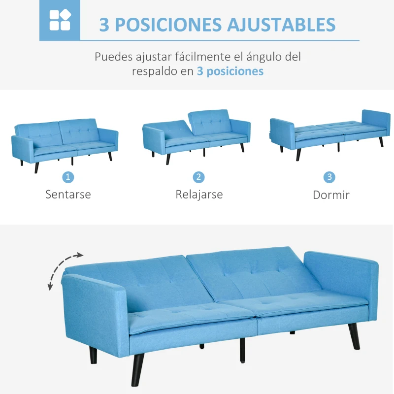 HOMCOM Sofá Cama de 3 Plazas Tapizado en Tela con Respaldo Ajustable en 3 Posiciones y Patas de Madera Sofá Moderno para Salón Oficina 198x81x81 cm Azul