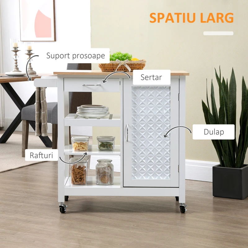 Homcom Carucior Bucatarie – Mobil cu Etajera, Sertar & Dulapior(m-4)
