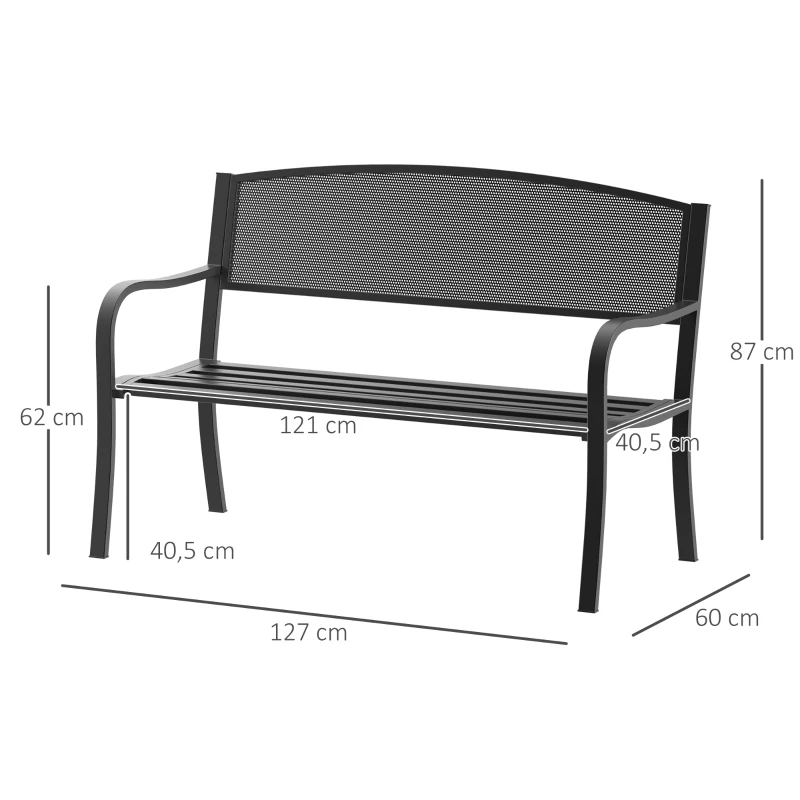 Outsunny Banco de Jardim de 2 Lugares Banco de Exterior com Encosto de Malha de Aço para Pátio Varanda 127x60x87 cm Preto
