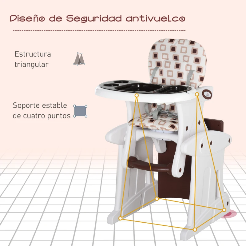 HOMCOM Trona para Bebés 2 en 1 para 6 Meses a 6 Años Transformable en Mesa y Silla Multifuncional Ajustable en 3 Posiciones Respaldo Alto Acolchado con 2 Bandejas Extraíbles 57x59x105 cm Café