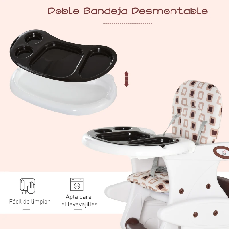 HOMCOM Trona para Bebés 2 en 1 para 6 Meses a 6 Años Transformable en Mesa y Silla Multifuncional Ajustable en 3 Posiciones Respaldo Alto Acolchado con 2 Bandejas Extraíbles 57x59x105 cm Café