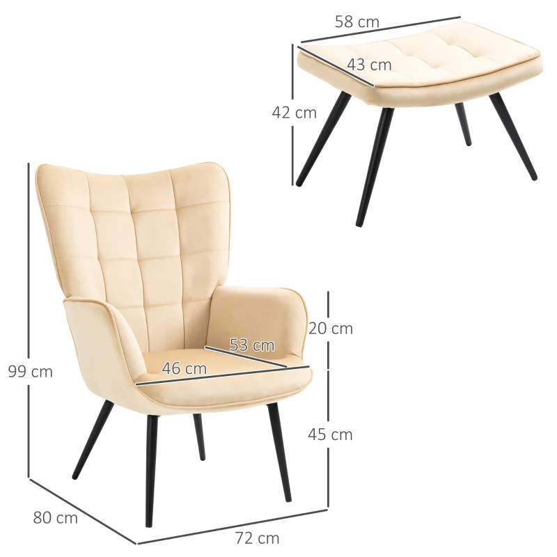HOMCOM Sillón Individual con Reposapiés Tapizado en Terciopelo Butaca con Respaldo Alto y Reposabrazos 72x80x99 cm Beige