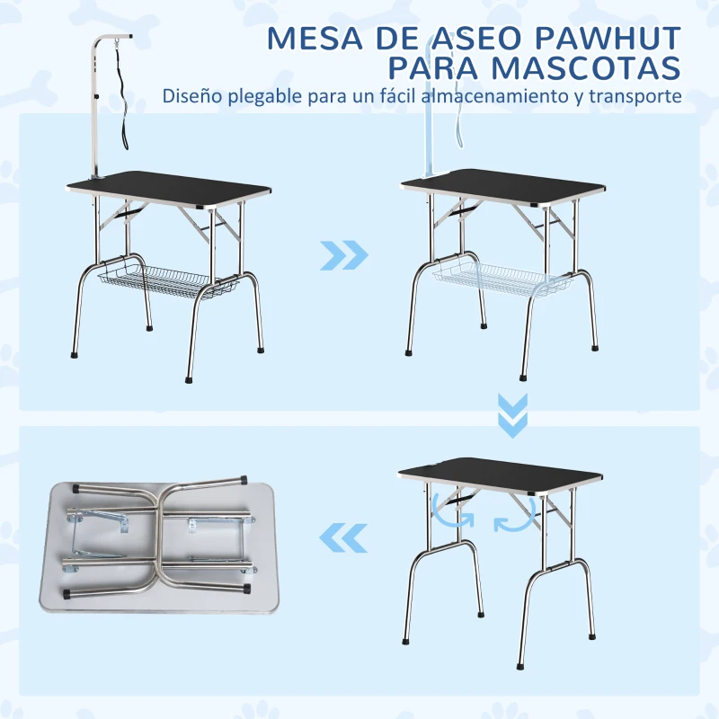 PawHut Mesa de Peluquería para Mascotas Mesa de Aseo Plegable con Patas de Acero Inoxidable Estable Aguilón Ajustable Estante de Almacenaje Carga 150 kg 90x60x75 cm Negro