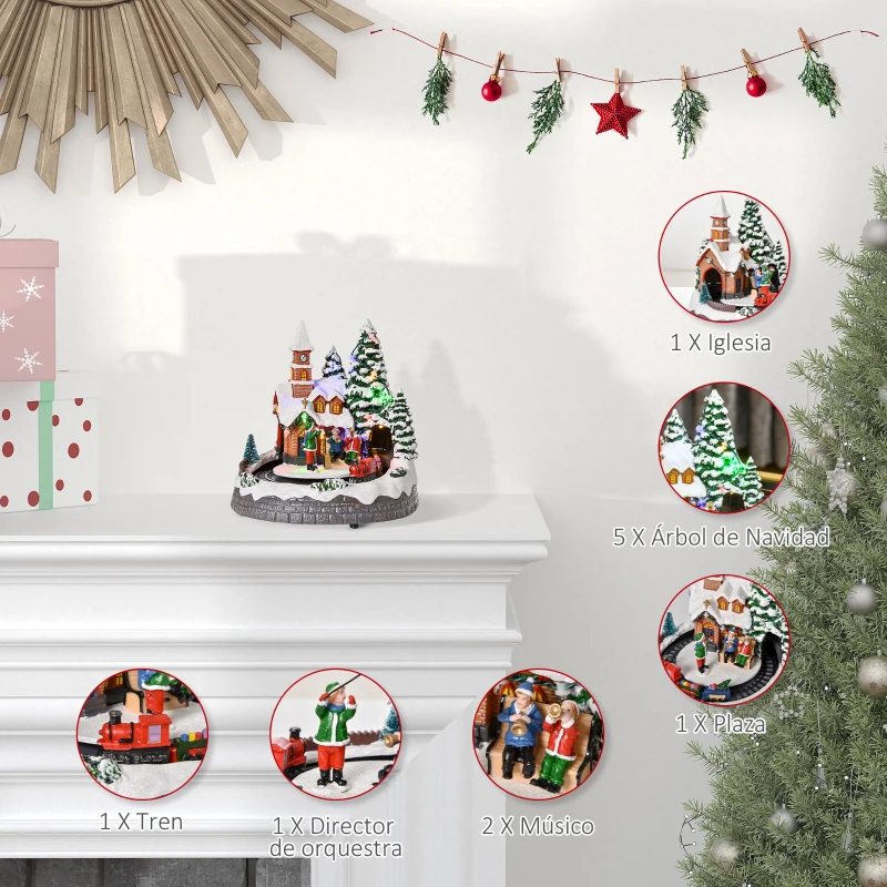 HOMCOM Pueblo Navideño Escena Navideña Iluminado con Luces LED Árbol de Navidad Música y Tren Móvil Decoración Navideña sobre Mesa 19,3x17,9x20,2 cm Multicolor