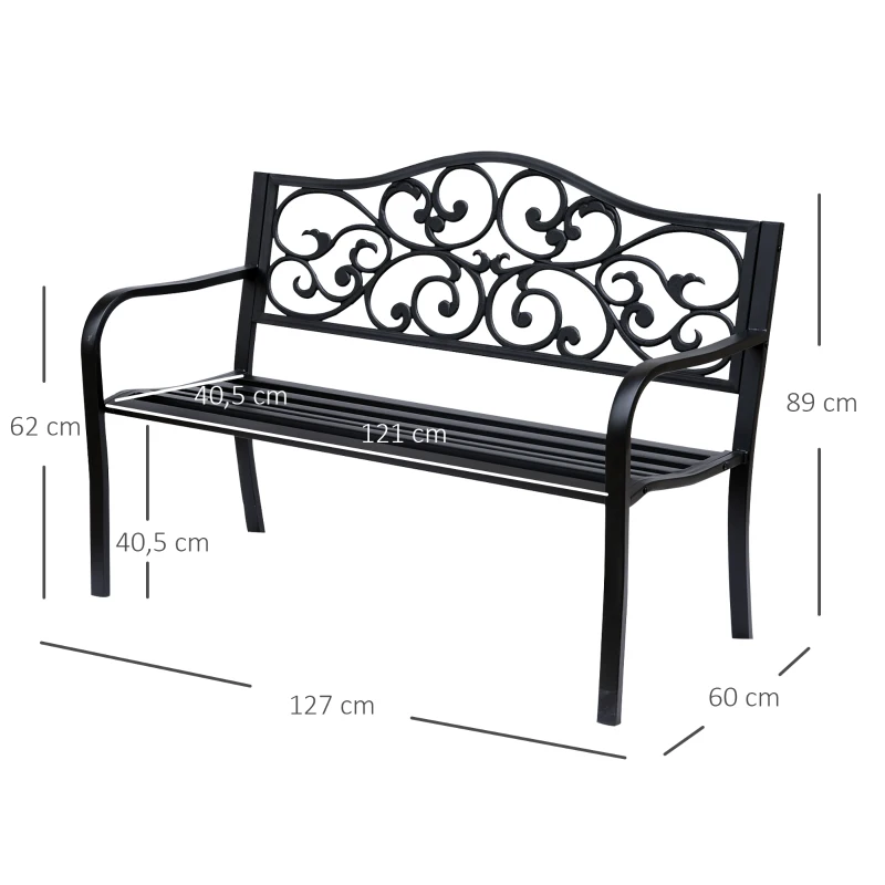 Outsunny Banco de Jardim de Aço Banco de Exterior com Encosto e Apoio para os Braços para Pátio Varanda 127x60x89 cm Preto