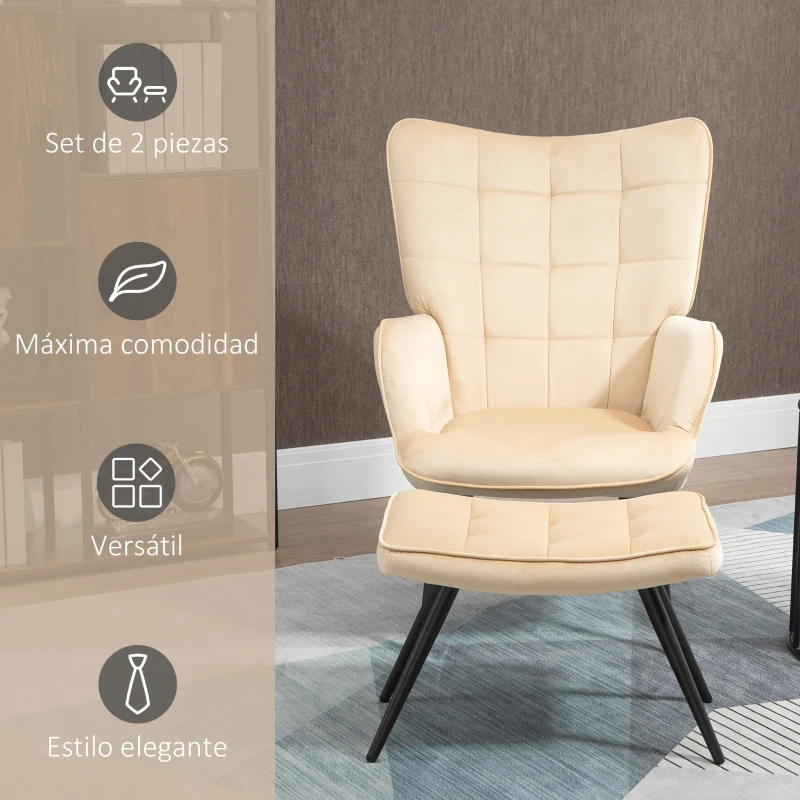 HOMCOM Sillón Individual con Reposapiés Tapizado en Terciopelo Butaca con Respaldo Alto y Reposabrazos 72x80x99 cm Beige