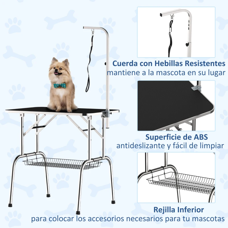 PawHut Mesa de Peluquería para Mascotas Mesa de Aseo Plegable con Patas de Acero Inoxidable Estable Aguilón Ajustable Estante de Almacenaje Carga 150 kg 90x60x75 cm Negro