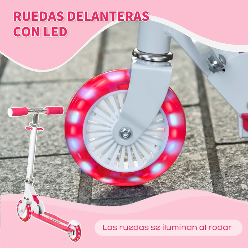 HOMCOM Patinete para Niños +3 Años Plegable Patinete Scooter con 2 Ruedas LED Manillar Altura Ajustable y Freno Posterior Carga 50 kg 61x32,3x67-77 cm Rosa y Blanco