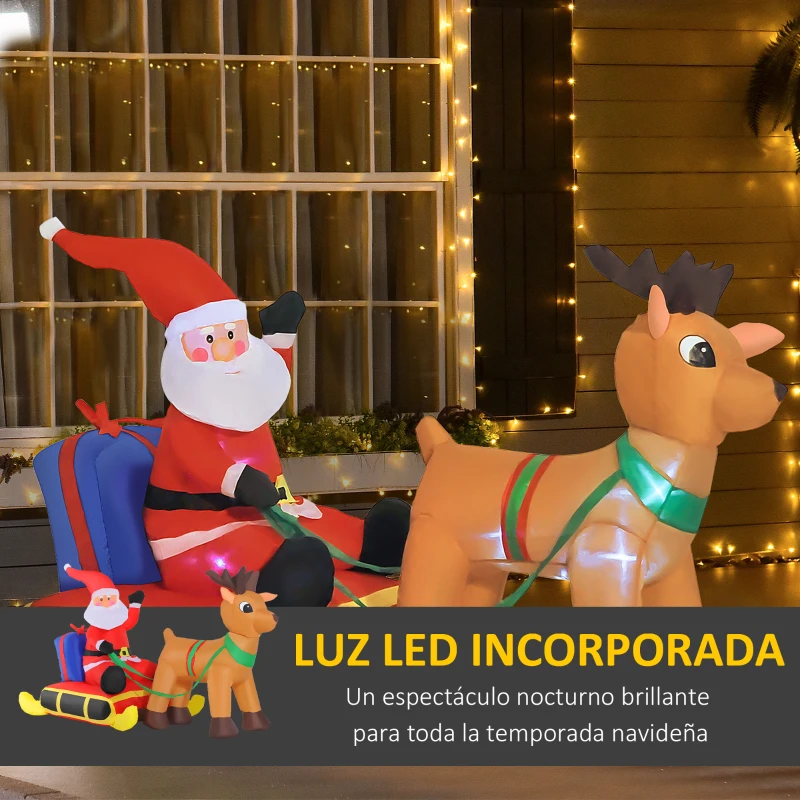 HOMCOM Decoración Navideña Inflable Papá Noel con Reno 8 Luces LED Iluminación Navideña Interior y Exterior 190x72x122cm