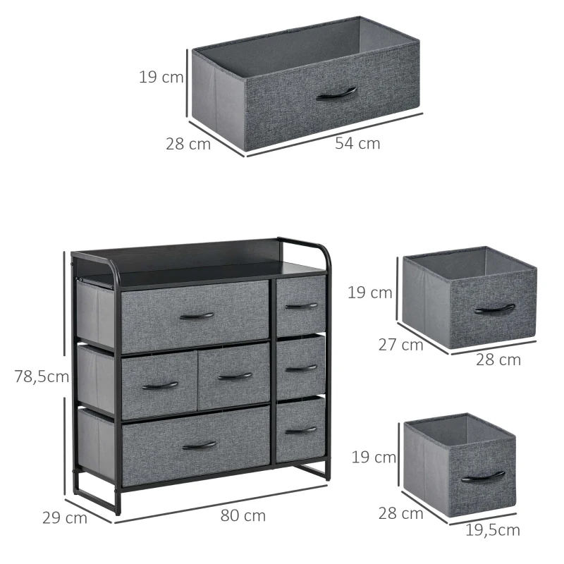 HOMCOM Commode 7 tiroirs meuble de rangement tiroir en tissu pliant - structure acier noir - 80L x 29l x 78,5H cm, noir et gris