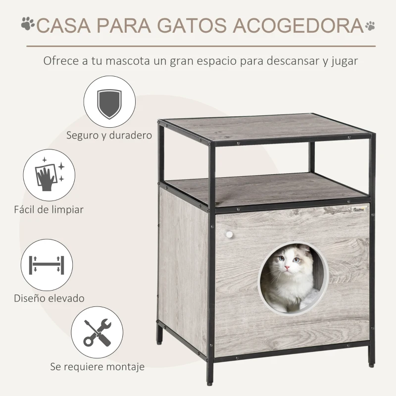 PawHut Casa para Gatos de Madera con Apariencia de Mesa Auxiliar con 2 Estantes de Almacenaje Cueva Gatos con Cojín Extraíble y Lavable 48x40x65,5 cm Roble Gris
