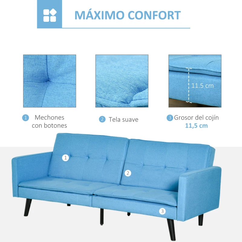 HOMCOM Sofá Cama de 3 Plazas Tapizado en Tela con Respaldo Ajustable en 3 Posiciones y Patas de Madera Sofá Moderno para Salón Oficina 198x81x81 cm Azul