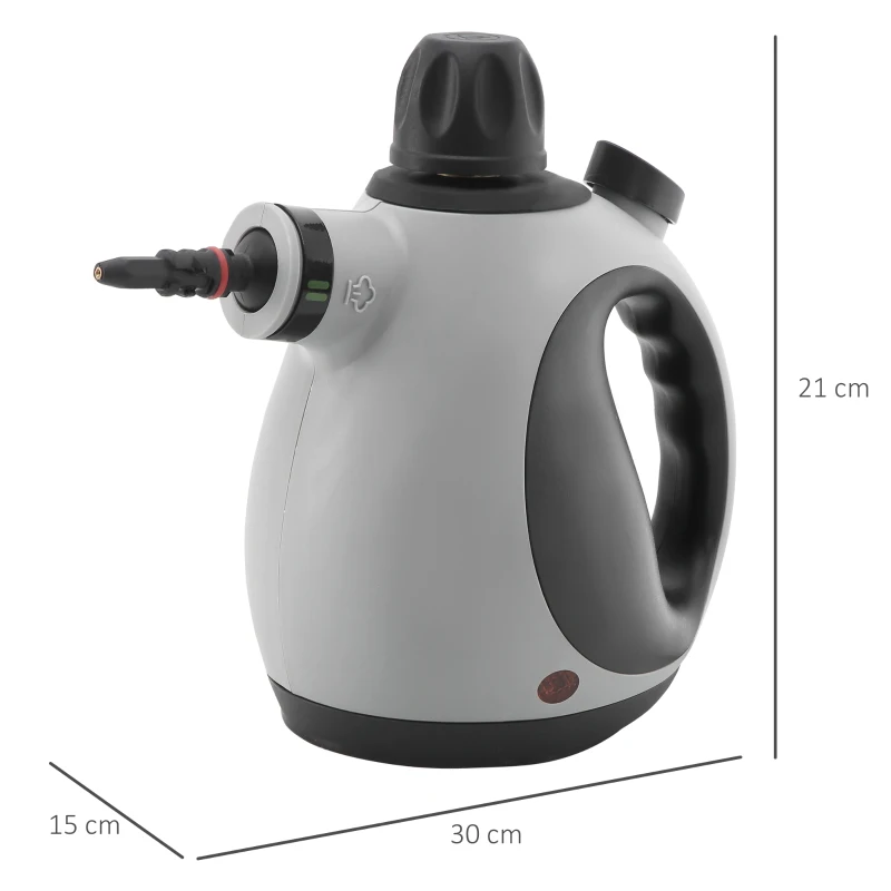 HOMCOM Limpiador a Vapor de Mano 1050W Vaporeta de Limpieza 3,2 Bares de Presión con Tanque de 350 ml y 9 Accesorios Multiuso para Sofá Asientos Coche Cocina 30x15x21 cm Negro y Gris
