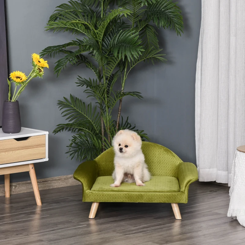 PawHut Sofá Cama para Mascotas Sofá para Perros Gatos con Cojín Acolchado Extraíble Patas de Madera 73x58x37 cm Terciopelo Latón