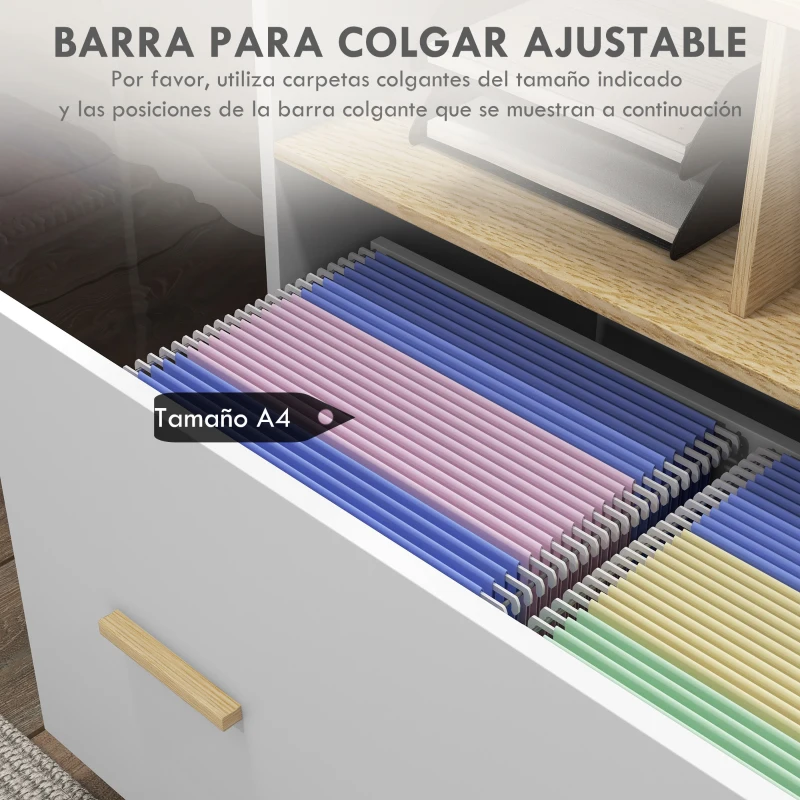 Vinsetto Armario Archivador con Ruedas Cajón Barras Colgantes para Tamaño A4 y 2 Compartimentos 76x40x75,5 cm Roble y Blanco