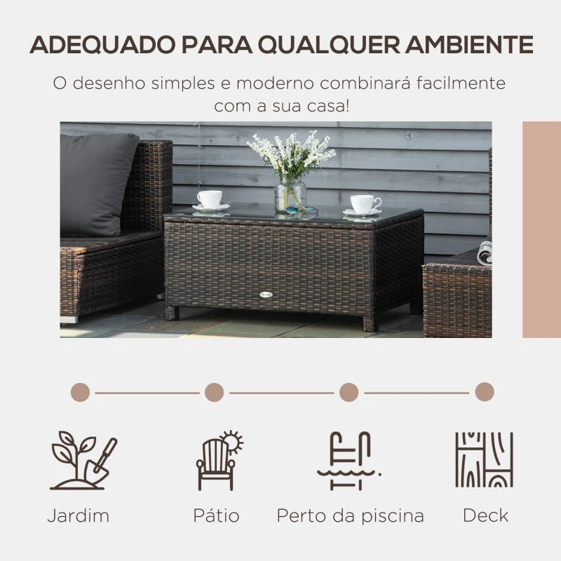 Outsunny Mesa de Centro Jardim de Vime Sintético Mesa de Apoio para Exterior com Vidro Temperado 85x50x39 cm Marrom