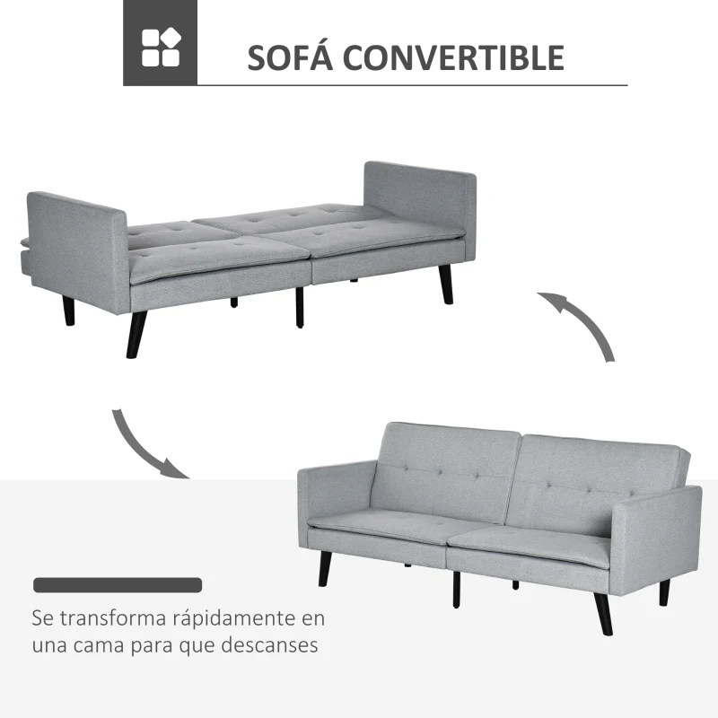 HOMCOM Sofá Cama de 3 Plazas Tapizado en Tela con Respaldo Ajustable en 3 Posiciones y Patas de Madera Sofá Moderno para Salón Oficina 198x81x81 cm Gris