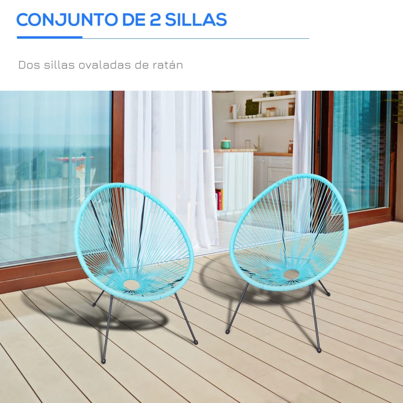 Outsunny Conjunto de 2 Sillas de Jardín de Ratán Pack 2 Sillas Acapulco Forma Ovalada Interior Exterior 73x77x87 cm Turquesa