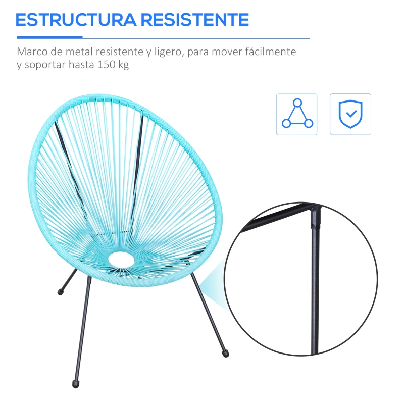 Outsunny Conjunto de 2 Sillas de Jardín de Ratán Pack 2 Sillas Acapulco Forma Ovalada Interior Exterior 73x77x87 cm Turquesa