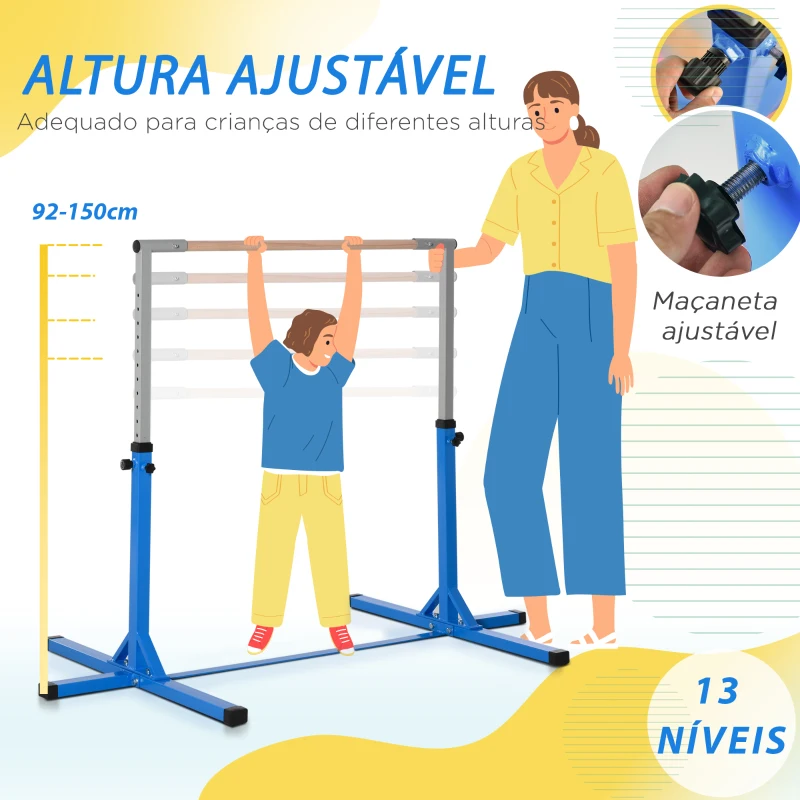 HOMCOM Barra de Ginástica para Crianças com Altura Ajustável 92-150 cm Barra Horizontal de Ginástica 194x121x150 cm Azul