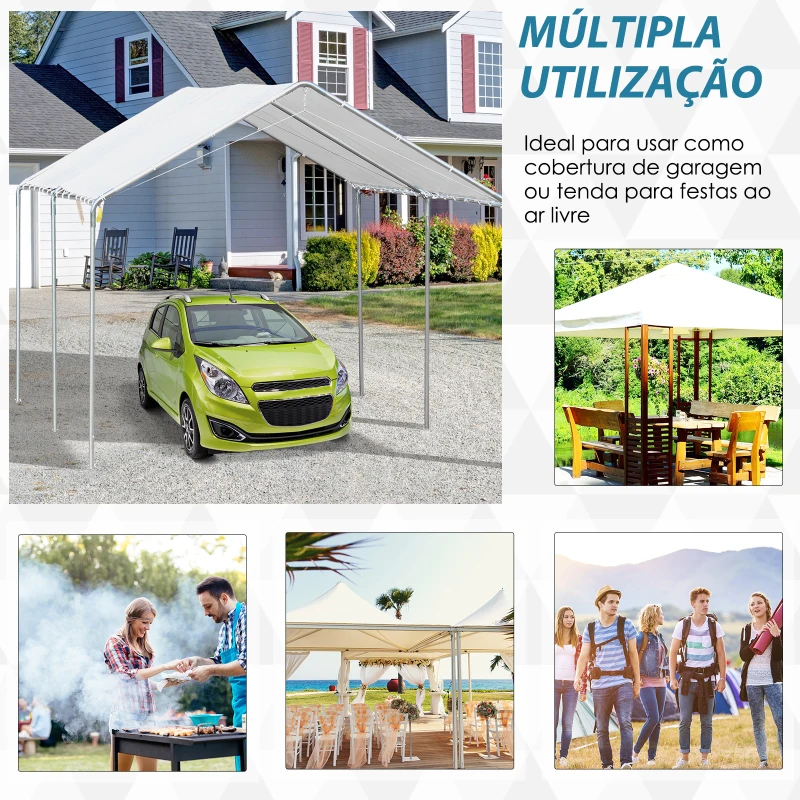 Outsunny Tenda de garagem 3x6 m Impermeável com Toldo de Tecido PE e Estrutura de Aço Galvanizado Branco
