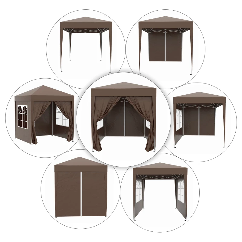Outsunny Tenda Dobrável 2x2 m  Tenda de Jardim com 4 Paredes Laterais Tecido Oxford 2 Portas 2 Janelas e Bolsa de Transporte Marrom