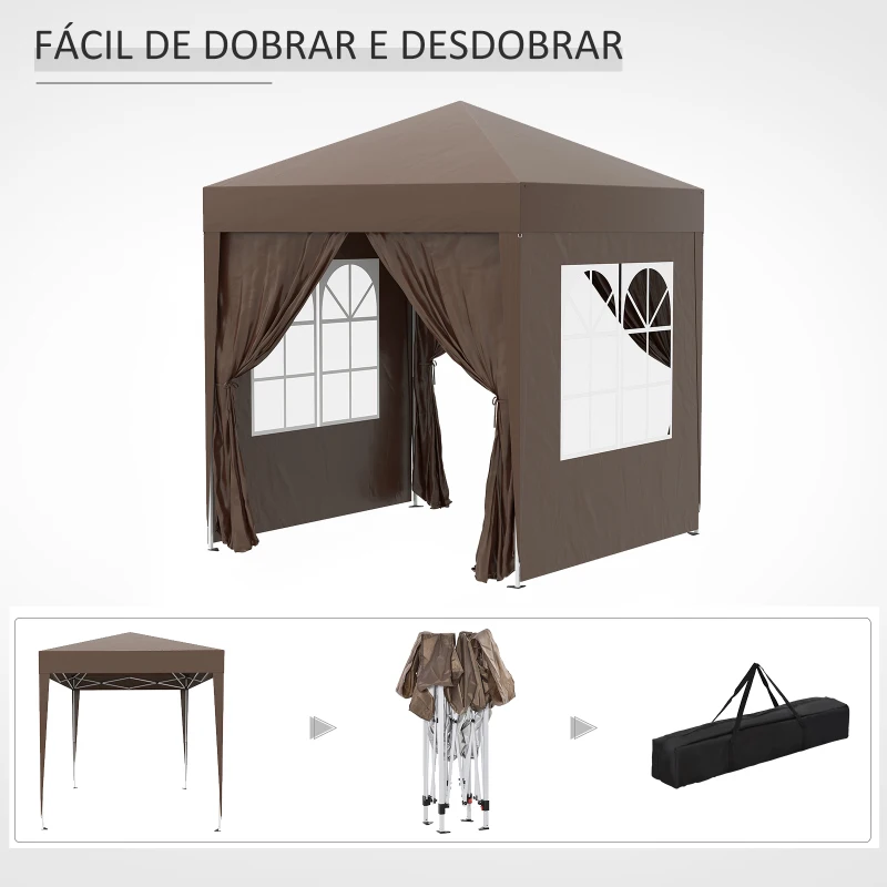 Outsunny Tenda Dobrável 2x2 m  Tenda de Jardim com 4 Paredes Laterais Tecido Oxford 2 Portas 2 Janelas e Bolsa de Transporte Marrom